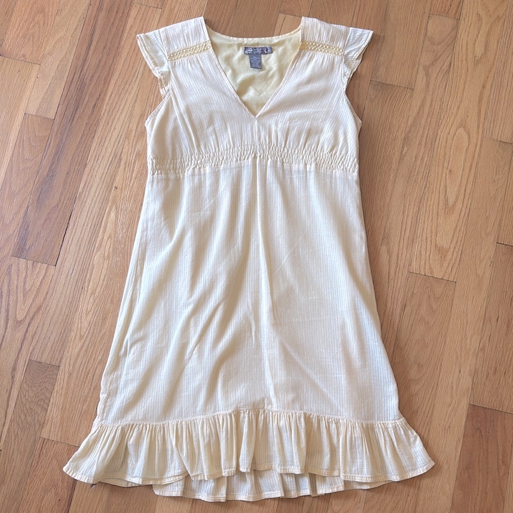 Split Fully Lined Embroidered Accent Ruffle Pale Yellow Sleeveless V Mini Dress